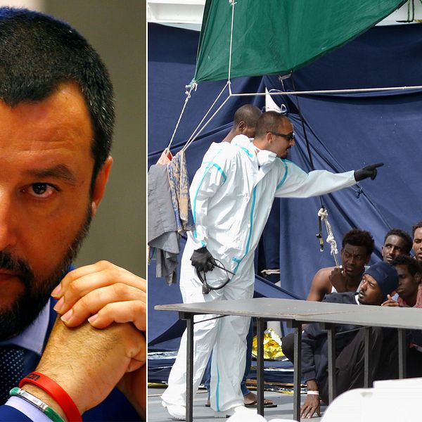 Italiens inrikesminister Matteo Salvini vägrade låta migranterna stiga av fartyget. Till höger italienska myndighetsanställda ombord på båten med migranterna tidigare i veckan.