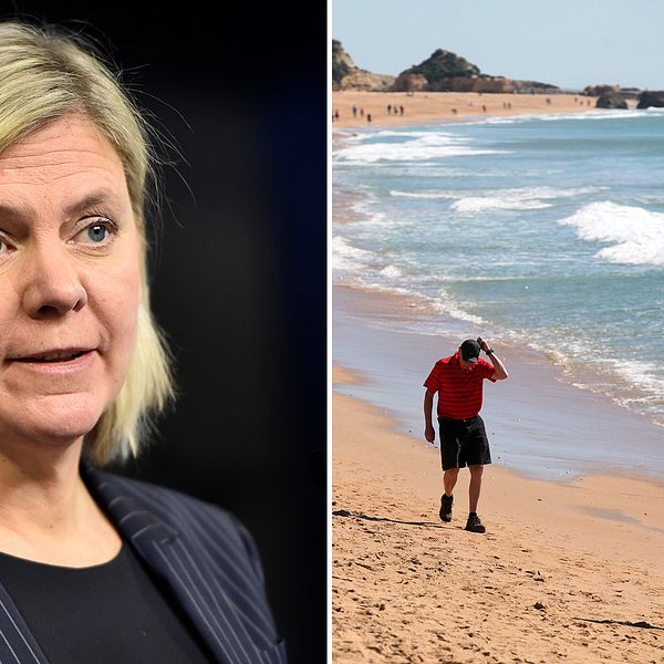 Delad bild: Först finansminister Magdalena Andersson (S), sedan en bild på människor som promenerar längs en strand i Albufeira i södra Portugal.