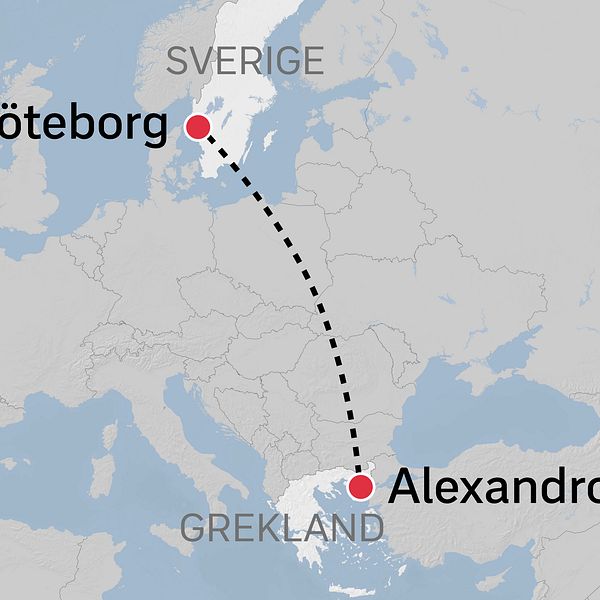 karta över europa med streckad linje mellan alexandroupolis i grekland till göteborg i sverige