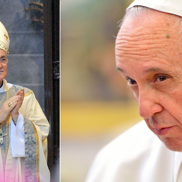 Till vänster ärkebiskop Carlo Maria Viganò som nu kräver påve Franciskus avgång.