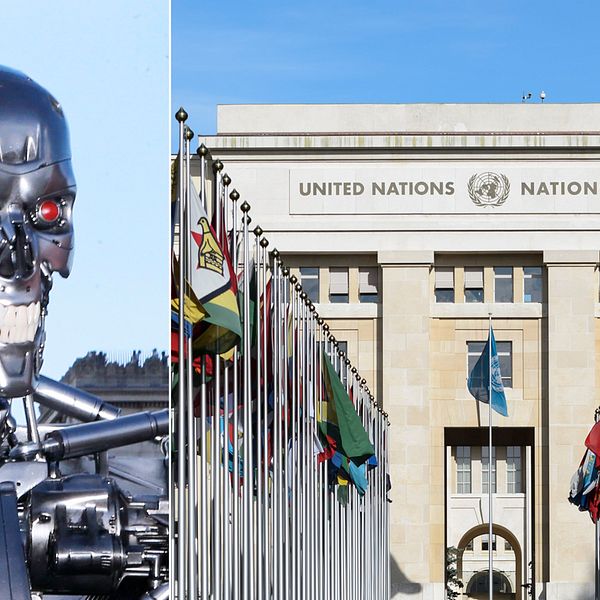 Till vänster roboten från filmen Terminator, som forskare tror att kan bli verklighet i framtiden. Till höger FN-byggnaden i Genève.