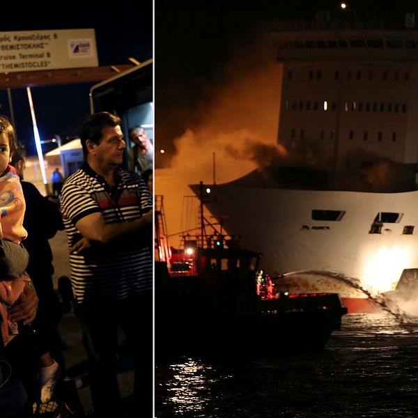 Räddningstjänsten som släcker branden från båtar och passagerare som väntar på att slussas vidare.