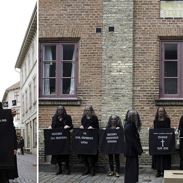 dubbelbild: sorgklädda människor i procession, med ”dödsruna” över robert dicksons stiftelse i händerna