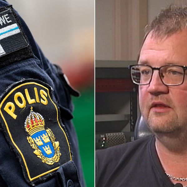 Närbild på polisuniform och bild på statsvetaren Thomas Widenstjerna.