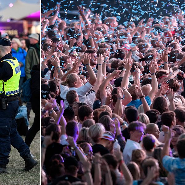 Poliser som patrullerade på Bråvallafestivalen 2017. Publikhavet på Summerburst 2018.
