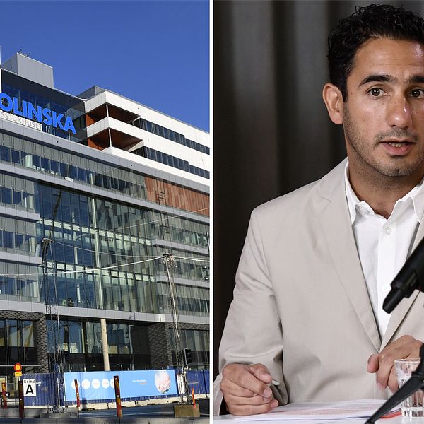 Bild på Nya Karolinska samt bild på civilminister Ardalan Shekarabi (S).