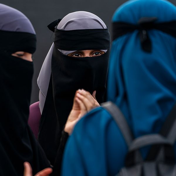 Kvinnor i niqab diskuterar med varandra.