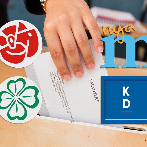 hand som lägger valkuvert i låda, åtta partilogotyper ovanpå bilden