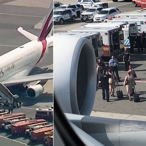 Till höger en bild från när personalen lämnar planet och går mot ambulanserna som samlats på flygplatsen. Till vänster flygplanet.