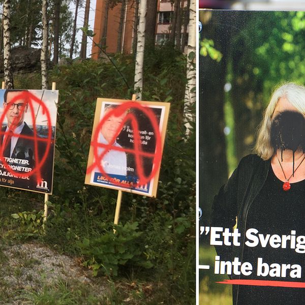 Valaffischer som vandaliserats.