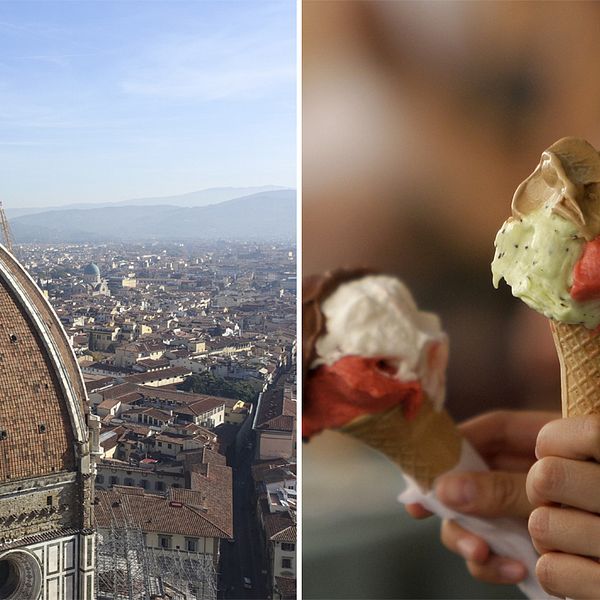 Kyrka i Florens och kvinna som äter glass.
