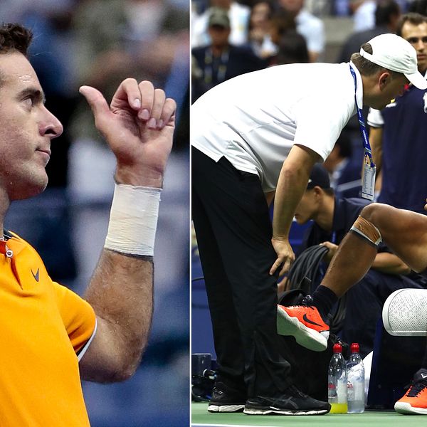 Juan Martín del Potro (t.v) höll tillbaka känslorna efter att han gått till final då Rafael Nadal (t.h) tvingats bryta semifinalen.