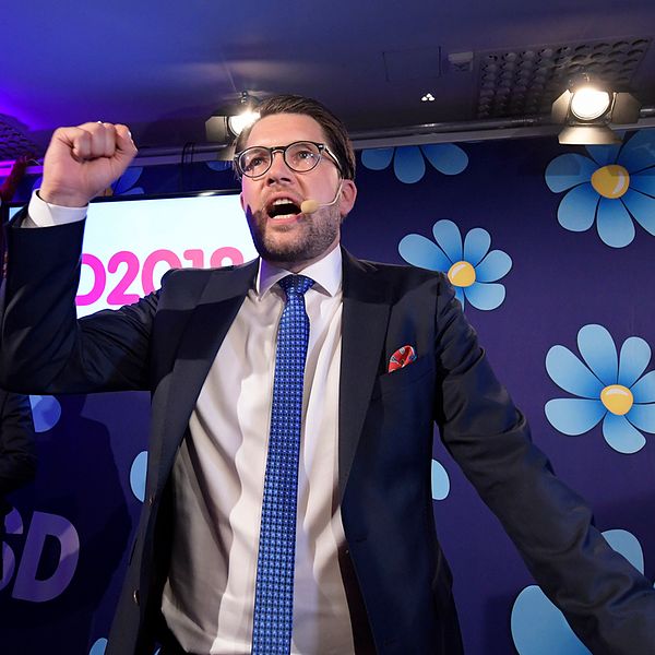 Jimmie Åkesson vid Sverigedemokraternas valvaka.