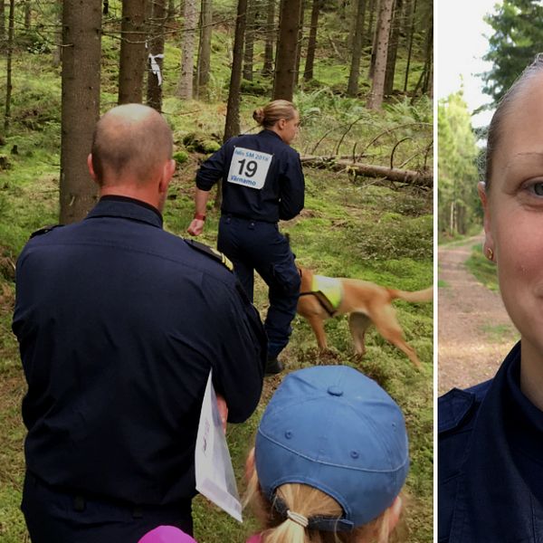 Funktionärer kontrollerar momentet räddningssök i skogen och porträtt på Anna Rydén