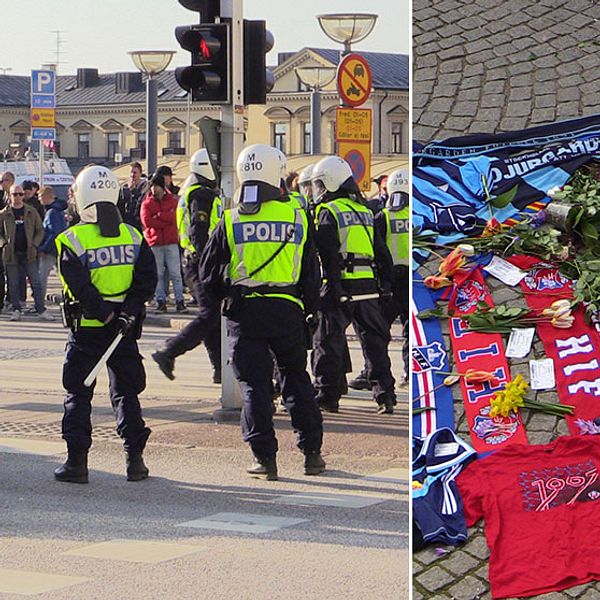 Stort polispådrag i Helsingborg. Blommor och supportertröjor på platsen för mordet.
