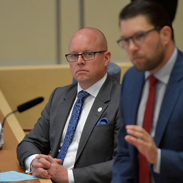 Björn Söder (SD) och Jimmie Åkesson (SD) under den sista partiledardebatten i riksdagen innan valet.