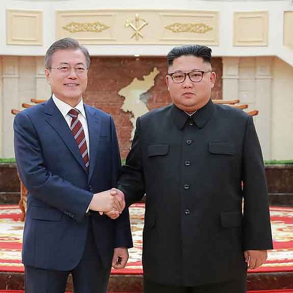 Sydkoreas Moon Jae-In och Nordkoreas Kim Jong-Un skakar hand.