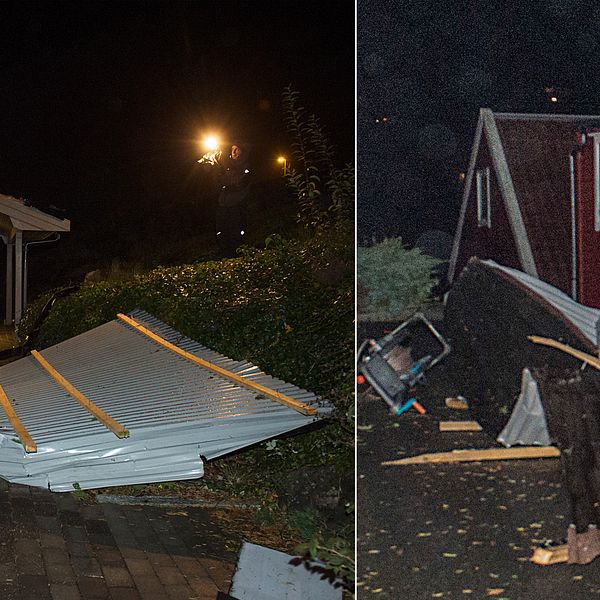 Den kraftiga vinden skickade ett tak in i fönstret på ett hus i Askøy utanför Bergen i Norge.