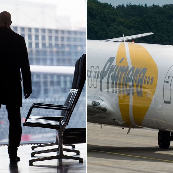 En man med en resväska och ett flygplan