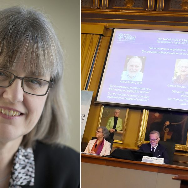 Arthur Ashkin, USA, samt Gérard Mourou, Frankrike, och Donna Strickland, Kanada, delar på Nobelpriset i fysik.