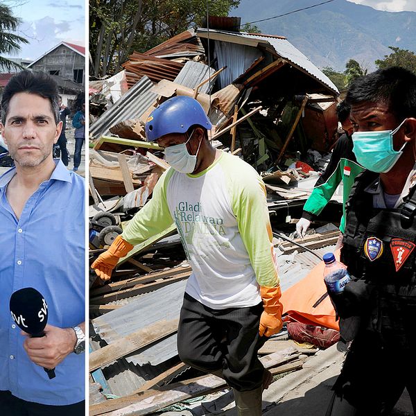 SVT Nyheters team på plats, med fotograf Andreas Hult och utrikeskorrespondent Samir Abu Eid berättar om den stank av döda människor som präglar vissa delar av Palu, Indonesien.