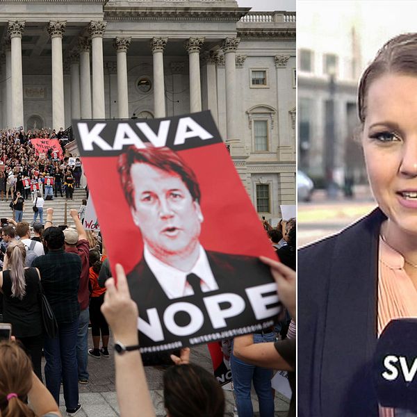 Massiva protester mötte senatorerna när de skulle rösta om Brett Kavanaugh (t.h) på lördagskvällen svensk tid.