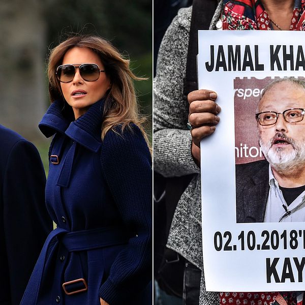 En bild på Donald och Melania Trump och en bild på saudiske journalisten Jamal Khashoggi