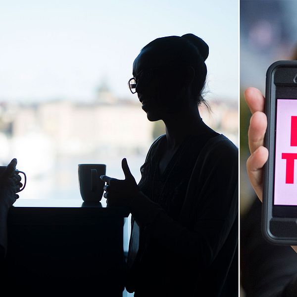 Kvinnor samtalar på kontor, samt en mobil med texten Me Too