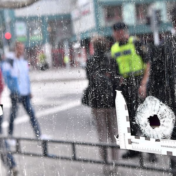 Kulhål i fönstret på Drottninggatan i Malmö dagen efter att tre personen skjutits till döds på öppen gata i anslutning till ett internetcafé.