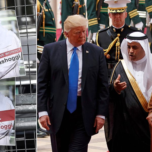 I Istanbul hängs plakat upp med Jamal Khashoggis namn på efter försvinnandet. T.h Donald Trump och Kung Salman under Trumps besök i Saudiarabien i maj 2017.