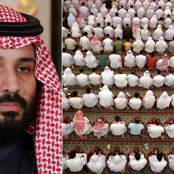 Kronprinsen Mohammed bin Salman (t.v) har kritiserats bland annat för avrättningar av shiamuslimer. T.h shiamuslimer som ber i Saudiarabien.