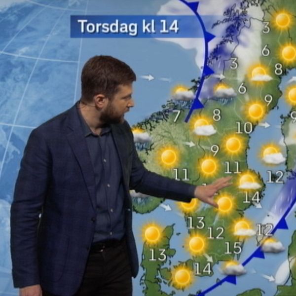 SVT:s meteorolog Nitzan Cohen presenterar vädret framför väderkartan. Många solar.