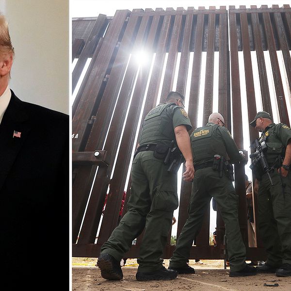 Bild på Trump till vänster. Bild på port vid gränsen mellan USA och Mexiko till höger.