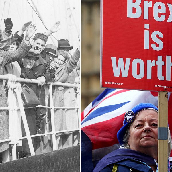 Till vänster en bild på tysk-judiska flyktingar ombord fartyget Rhakotis och till höger en bild på en kvinna som hållet en brexit-kritisk skylt med en brittisk flagga i bakgrunden.