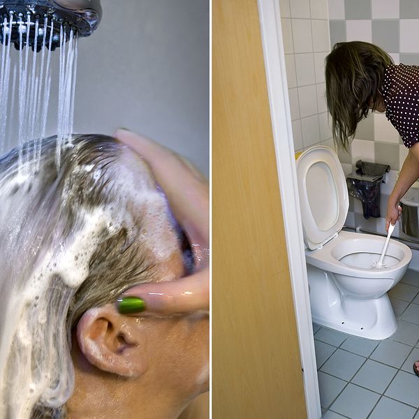 Delad bild: Först på en kvinna som tvättar håret, sedan en bild på en kvinna som gör rent en toalett.