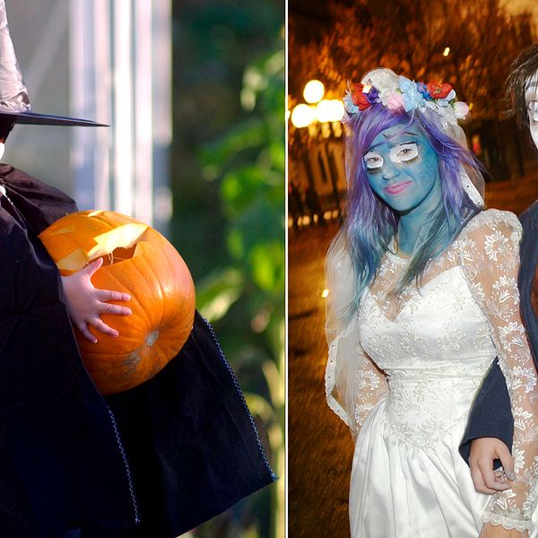 Liten häxa med hallowenpumpa och deltagare på halloweenparaden i Stockholm 2014