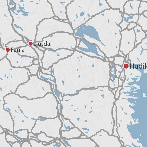 En karta över delar av Gävleborg där Hudiksvall, Ljusdal och Färila är markerade med en röd prick.