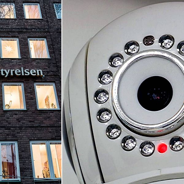 Bild på Socialstyrelsens kontor i Stockholm och en övervakningskamera.