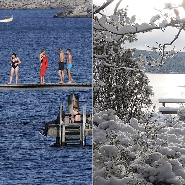 Scaniabadet i Malmö den 13 oktober till vänster, första snön i Spekeröd i Bohuslän den 28 oktober till höger.