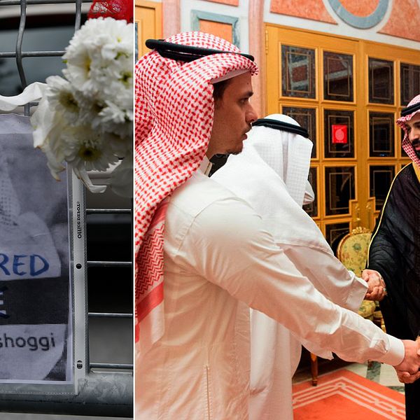 En bild på Khashoggi som hängst upp utanför Saudiarabiens konsulat i Saudiarabien (t.v). Till höger Salah Khashoggi när han och flera andra familjemedlemmar träffade den saudiske kungafamiljen. De bjöds in efter att pappan dödats på konsulatet.