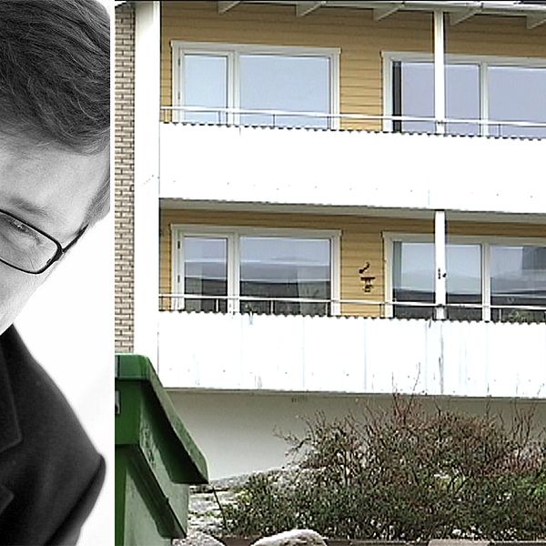 dubbelbild: porträtt på man med glasögon och fasad på lägenhetshus