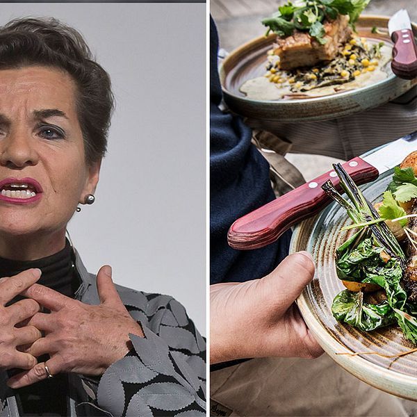 FN:s före detta klimatchef Christiana Figueres och kökspersonal som serverar kött.