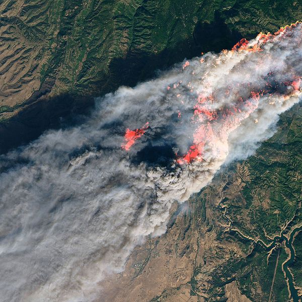 Satellitbilden visar hur enorma skogsområden förtärs av skogsbränder vid staden Paradise i norra Kalifornien.