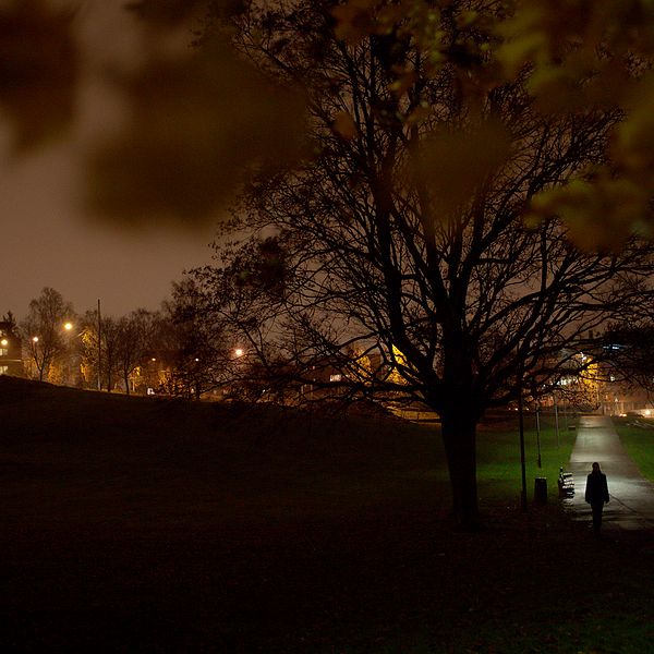 En kvinna promenerar i en park.