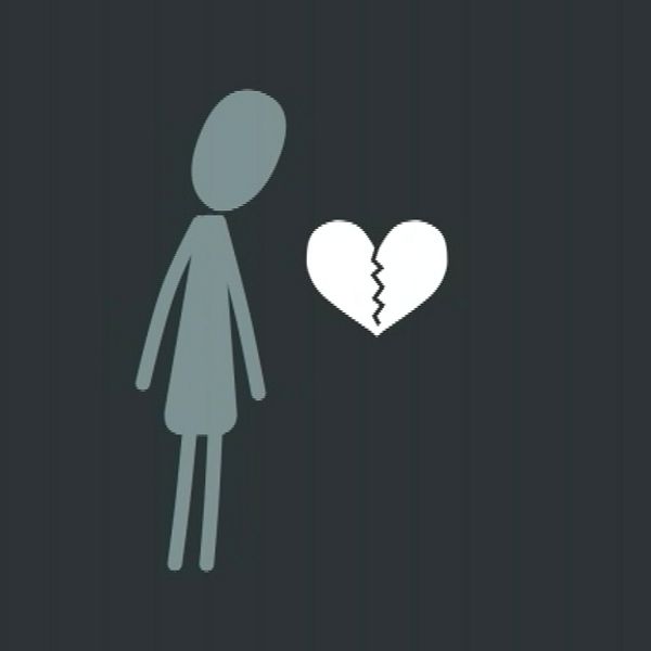 En tecknad gubbe bredvid ett brustet hjärta.