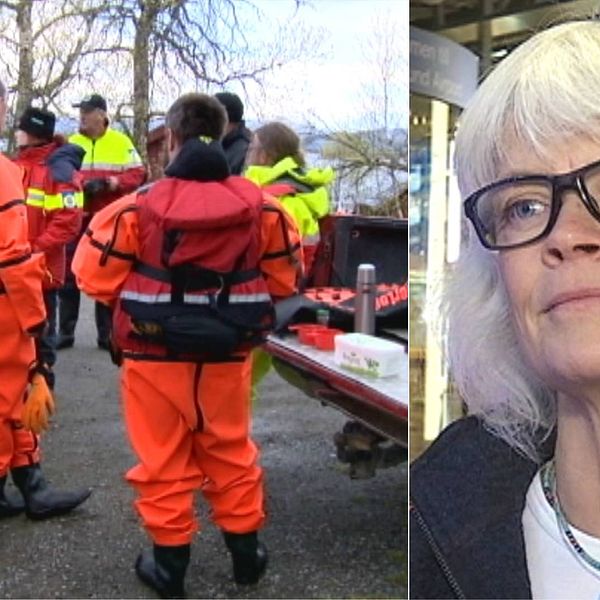 räddningspersonal vid en båt på land, och närbild på en medelålders kvinna
