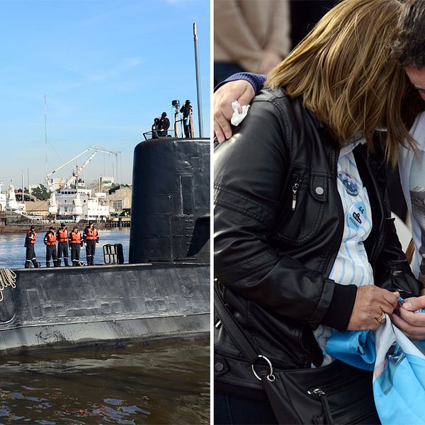 Till vänster, arkivfoto på ubåten  Ara San Juan. Till vänster sörjande när årsdagen för försvinnandet uppmärksammades i torsdags.