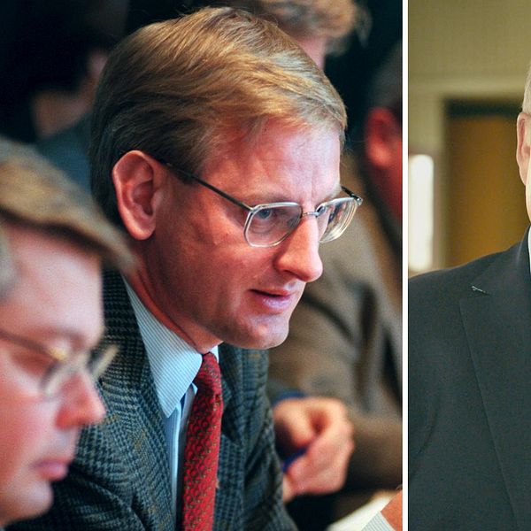 Moderaterna med dåvarande ordförande Carl Bildt (t.h.) och den ekonomiska talesmannen Bo Lundgren samt Göran Persson.