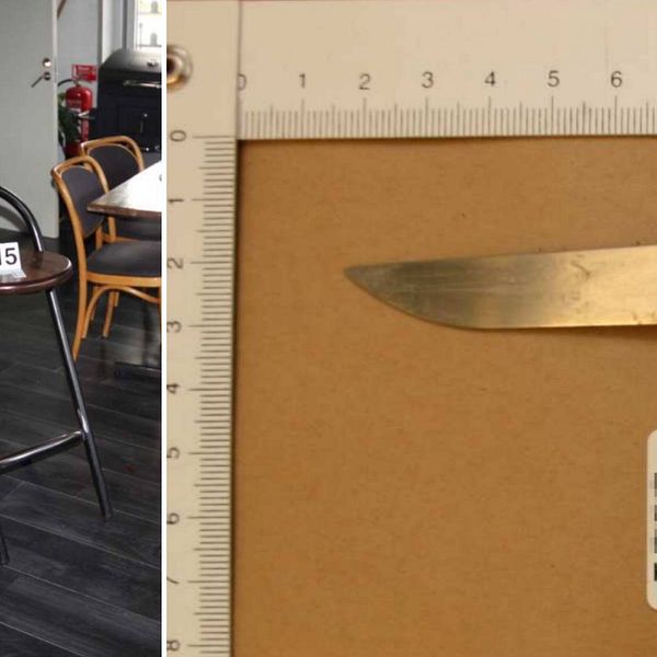 Bilder från förundersökningsprotokollet. En barstol på pizzerian och en kniv.