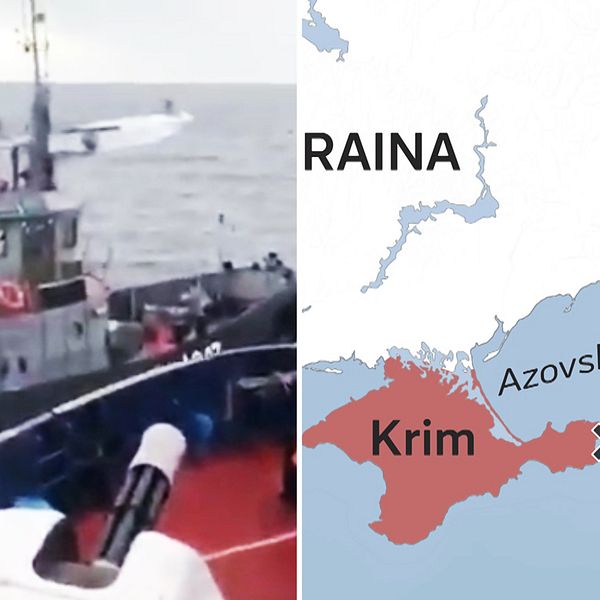 Två båtar kolliderar till havs. Till höger en karta över östra Europa där Krimhalvön är rödmarkerad och ett kryss markerar punkten för var Svarta havet och Azovska sjön möts.